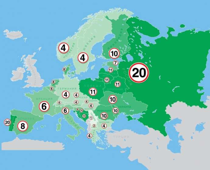 Карта: На сколько км/ч можно превысить скорость в разных странах